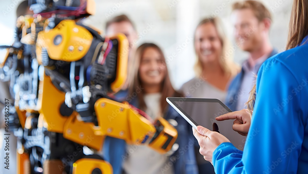 Poster person using a tablet to interact with a vibrant yellow industrial robot, with curious observers in 