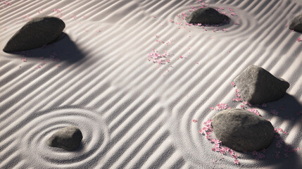 Japanese Zen rock garden with raked sand and scattered cherry blossom petals　桜の花びらが散る日本の枯山水庭園