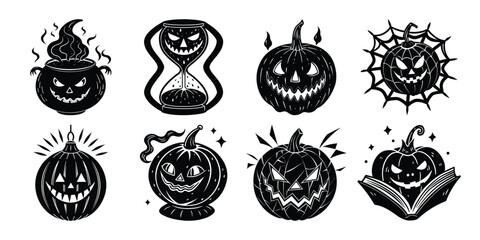 Pumpkin Faces Fused with Halloween Objects – Silhouette Vector Pack.