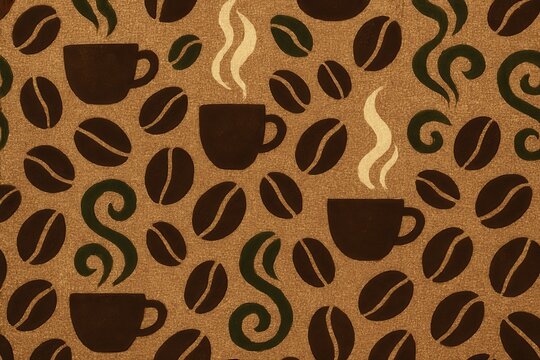 Background with coffee beans cups and steam in a seamless pattern design - Powered by Adobe