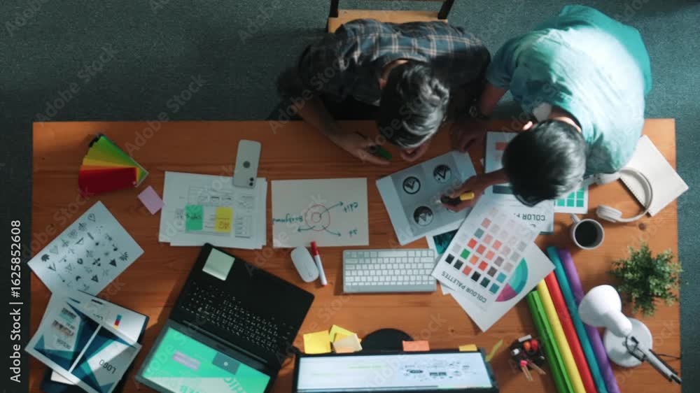 Poster top down view of smart designer helping manager choosing color from colored palettes. aerial view of