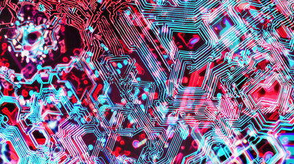 Abstract glowing circuit board with glitch and cyberpunk effects　赤と青のネオンカラーで光る、抽象的な回路基板のパターン背景