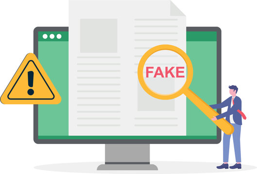 Flat illustration of man use magnifying glass to investigate social media fake news on phone screen with warning sign misinformation false information hoax cheating scam website
