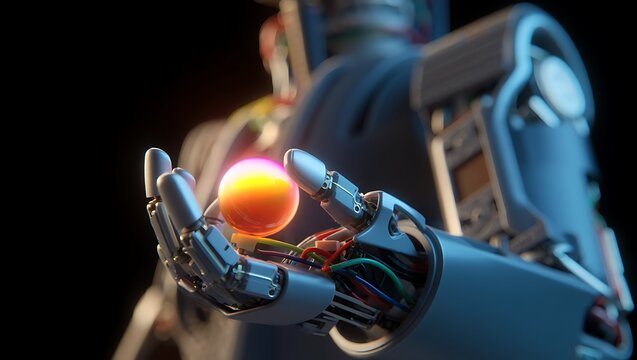 Futuristic metallic robotic hand delicately holding a glowing orange and pink iridescent sphere in a dark, mysterious setting.