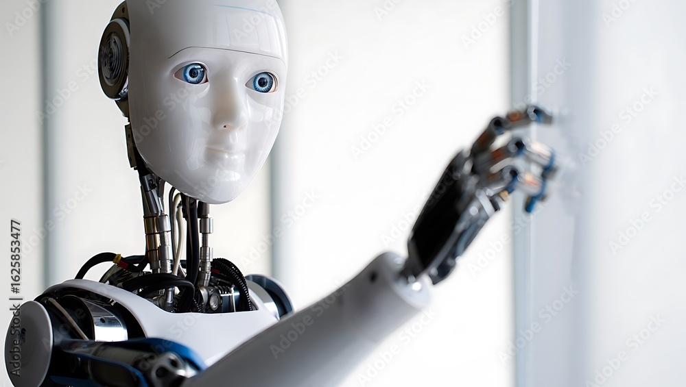 Poster detailed view of a sleek white humanoid robot with realistic blue eyes pointing or interacting with 