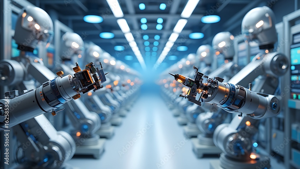 Aufkleber symmetrical view of a futuristic automated factory with rows of robotic arms and glowing blue lights