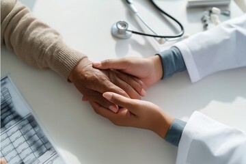 close-up of a doctor gently holding an elder's hand