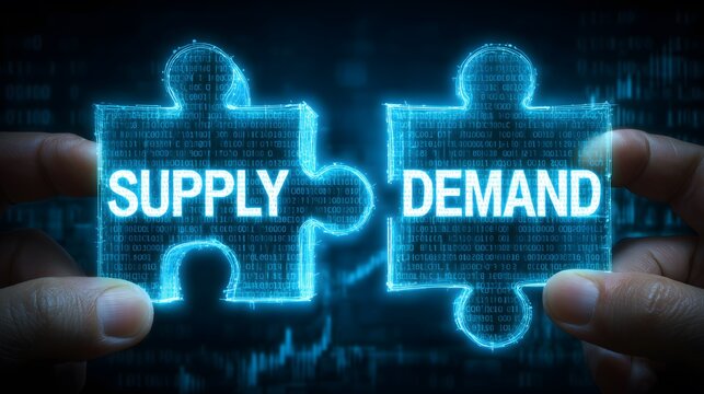 Digital glowing puzzle pieces labeled “SUPPLY” and “DEMAND” being connected by hands, symbolizing economic balance, market forces, and business strategy in a futuristic tech background.