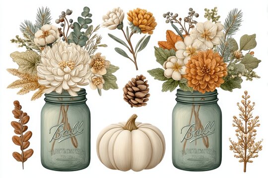Autumn Floral Arrangement in Mason Jars with White Pumpkin
