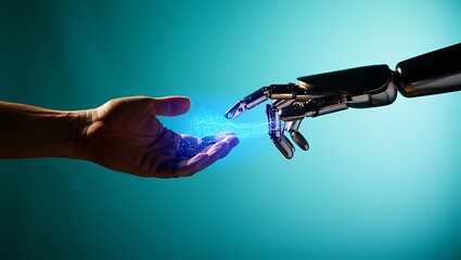 Naklejka premium Human Hand and Robotic Hand Reaching Towards Each Other with Glowing Blue Energy Transfer