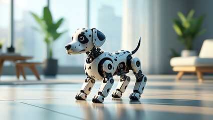 A sleek, modern robotic dalmatian dog with black spots standing on a tiled floor in a bright home interior.