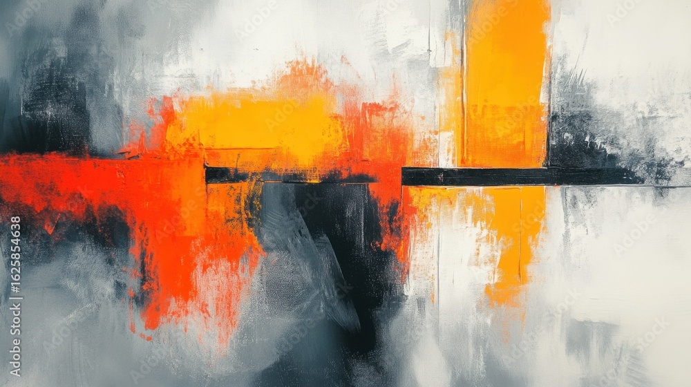 Poster this striking abstract artwork features bold orange and black hues set against a soft white backgrou