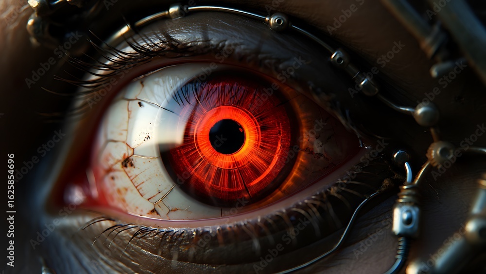 Poster extreme close-up of an intense bionic eye with a glowing red mechanical iris and intricate cyberneti