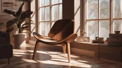 Luxury home interior with wooden furniture, a dining table, and chairs, and a window with a view