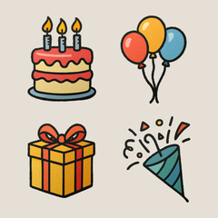 Colorful party and celebration icons including cake, balloons, gift, and confetti popper