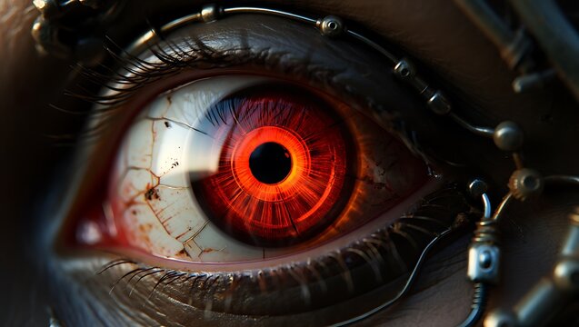 Extreme close-up of an intense bionic eye with a glowing red mechanical iris and intricate cybernetic details on surrounding skin.