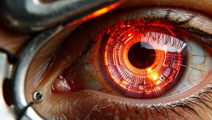 Extreme close-up of a futuristic bionic eye featuring a detailed glowing orange-red mechanical iris with integrated circuitry.