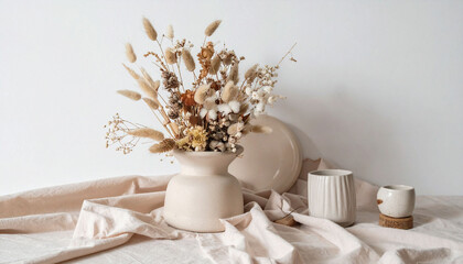 the image captures a styled arrangement featuring dried botanicals. a ceramic vase holds a variety of dried flowers, including bunny tails, wheat, and cotton stems