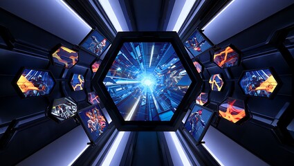 Dynamic futuristic tunnel with luminous blue light surrounded by abstract digital screens