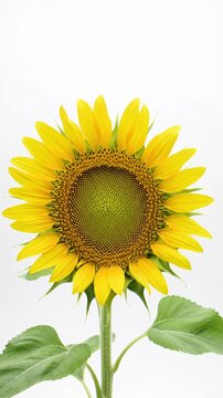 A vibrant, single sunflower bud unfurling its golden petals in slow-motion time-lapse, transforming into a full bloom. ECU macro video from static overhead, deep focus on petals and seed head against