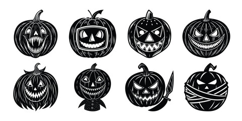 Classic Horror-Inspired Pumpkin Faces Halloween Silhouette Vector Set.