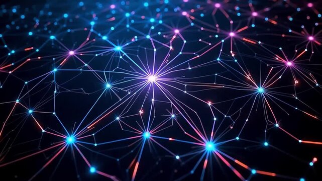 Artificial intelligence neural network with glowing data nodes and connecting lines on dark background
