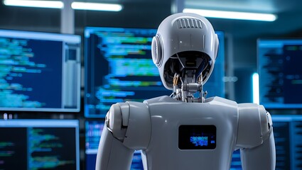 White humanoid robot from behind, observing multiple large screens displaying complex programming code in a data center.