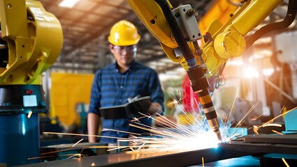 Bright sparks from a yellow industrial robotic arm welding metal, overseen by a worker.