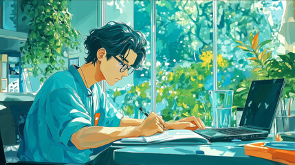 cartoon illustration of a young man working at his desk in summer