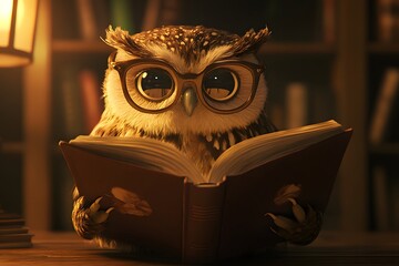 owl wearing glasses and reading a book in a cozy library, warm lighting and human-like posture 
