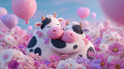 Cute cartoon illustration mother cow and calf Hugging embracing. surrounded by pink and purple flowers and cheerful balloons, creating a vibrant and heartwarming atmosphere of love and celebration.
