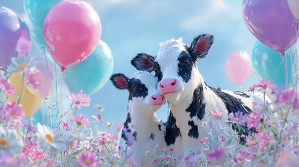 Cute cartoon illustration mother cow and calf embracing. surrounded by pink and purple flowers and cheerful balloons, creating a vibrant and heartwarming atmosphere of love and celebration.
