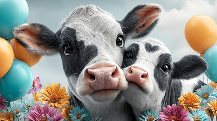 Cute cartoon illustration mother cow and calf Hugging embracing. surrounded by pink and purple flowers and cheerful balloons, creating a vibrant and heartwarming atmosphere of love and celebration.
