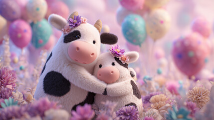 Cute cartoon illustration mother cow and calf Hugging embracing. surrounded by pink and purple flowers and cheerful balloons, creating a vibrant and heartwarming atmosphere of love and celebration.
