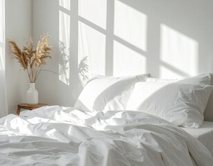 Bright morning light over white bed linens, minimal bedroom scene, soft shadows