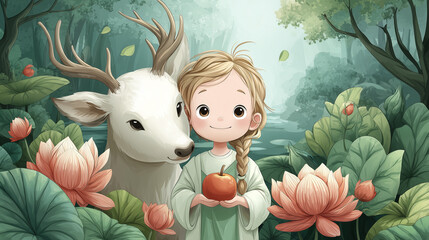 delightful illustration featuring playful girl child and charming deer surrounded by vibrant forest scenery, evoking themes of innocence, nature, and joy.