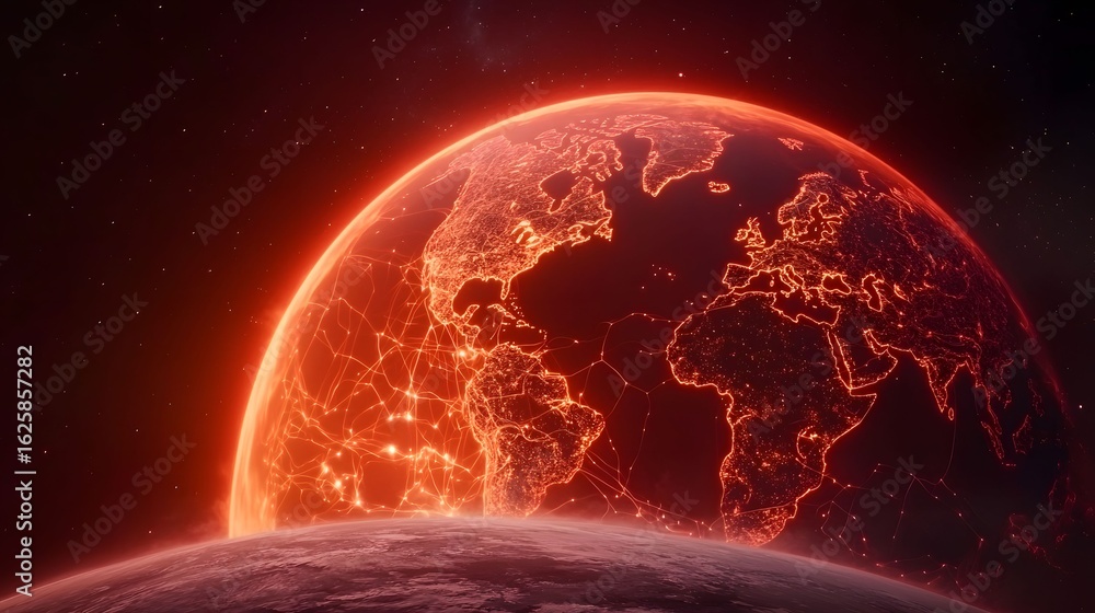 Poster the image portrays a glowing red earth with interconnected networks, set against a star-filled backd