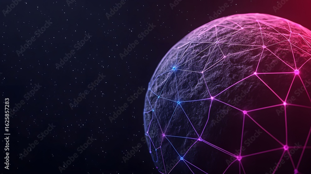 Poster a dark space scene features a textured, rocky planet illuminated with a neon grid overlay, standing 