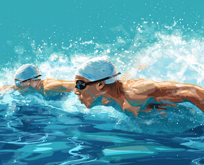 cartoon illustration of a male athlete swimming 