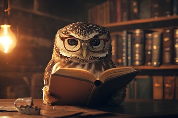owl wearing glasses and reading a book in a cozy library, warm lighting and human-like posture 
