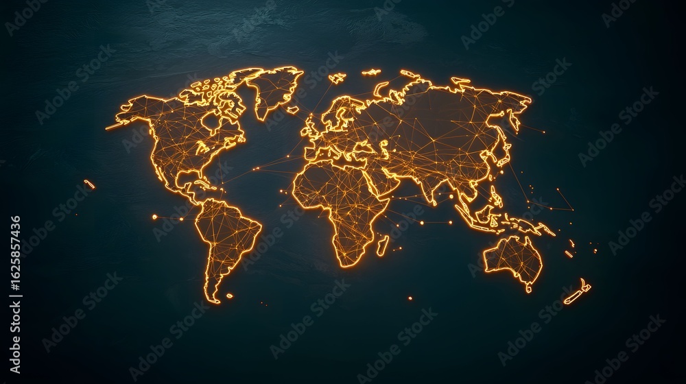 Poster the image shows a world map illuminated with a bright, golden-yellow glow, creating a tech-inspired 