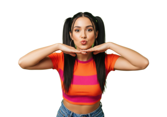 Playful happy young woman making a kiss face, isolated on a transparent background