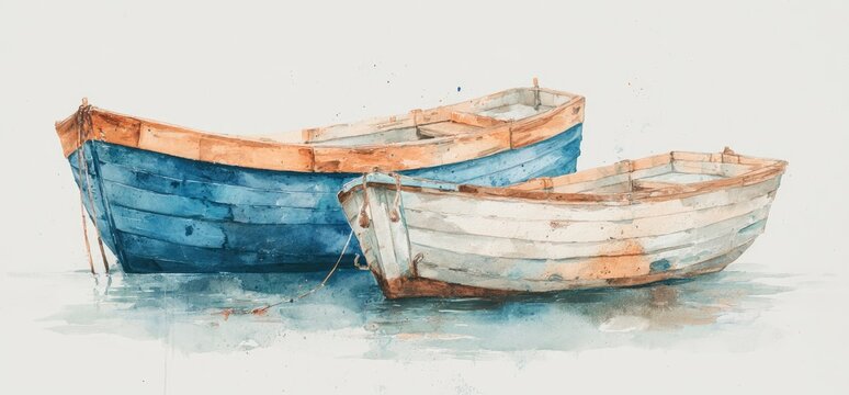 Watercolor painting of two weathered boats on water - Powered by Adobe