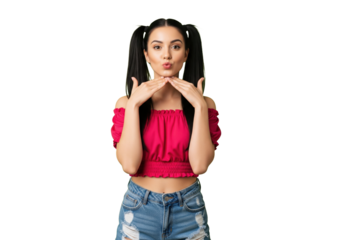 Playful happy young woman making a kiss face, isolated on a transparent background