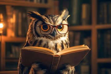 owl wearing glasses and reading a book in a cozy library, warm lighting and human-like posture 
