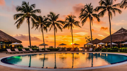 Tropical Sunset Resort Poolscape, A tranquil tropical resort scene at sunset, showcasing a large circular swimming pool surrounded by comfortable lounge chairs .