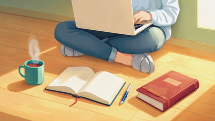 Focused Workspace Laptop, Book, and Coffee, A person sits cross-legged on the floor, deeply focused on a laptop computer. An open book, pen, and a steaming cup of coffee are arranged nearby.
