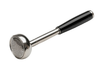 A metallic tool with a black handle.  A round, perforated head attaches to a long, slender shaft