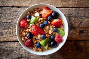 Top view of cereal bowl with fruit