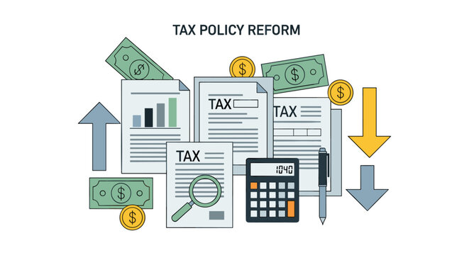 A flat vector illustration depicts tax policy reform with documents, money, calculator, and arrows on a clean white background, representing financial changes.